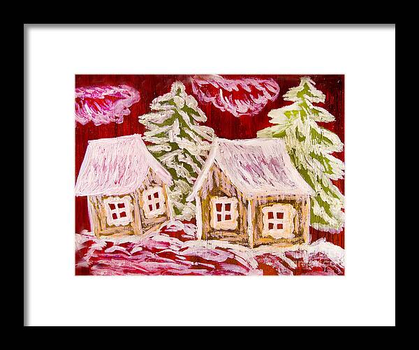 Christmas Framed Print featuring the painting Winter houses on crimson, painting by Irina Afonskaya