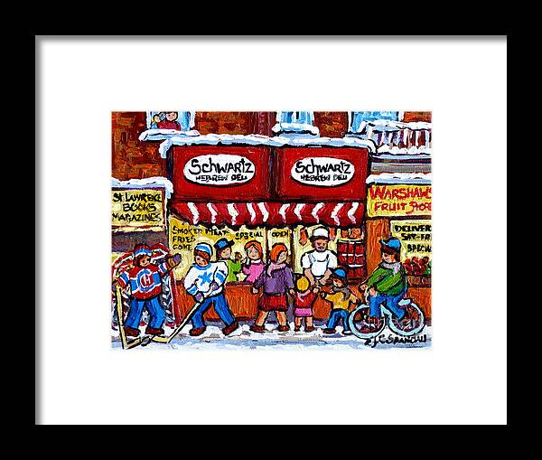 Schwartz Framed Print featuring the painting Winter In The City Street Hockey Family Fun Schwartz Deli Rue St Laurent Quebec Artist C Spandau   by Carole Spandau