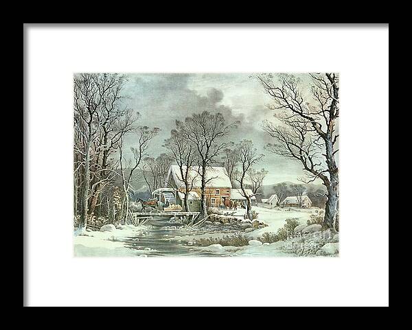 Winter In The Country - The Old Grist Mill Framed Print featuring the painting Winter in the Country - the Old Grist Mill by Currier and Ives