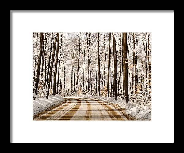 Road Framed Print featuring the painting Winter Road through the Forest by Conrad Mieschke