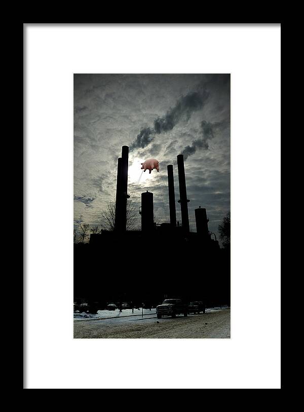 Pig Framed Print featuring the photograph Winter Smokestacks With Pig by Tim Nyberg