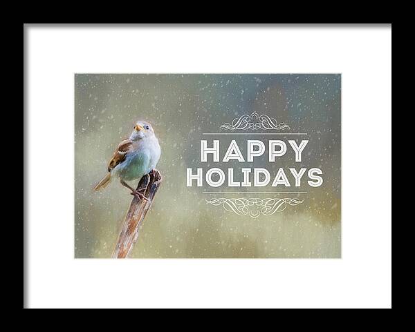 Winter Framed Print featuring the photograph Winter Sparrow Holiday Card by Cathy Kovarik