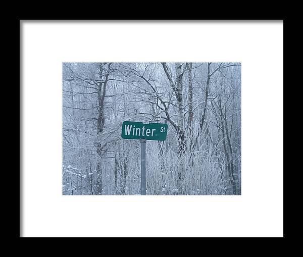 Winter Snow Frosted Trees Street Sign Framed Print featuring the photograph Winter Street by Camille Converse-Smith