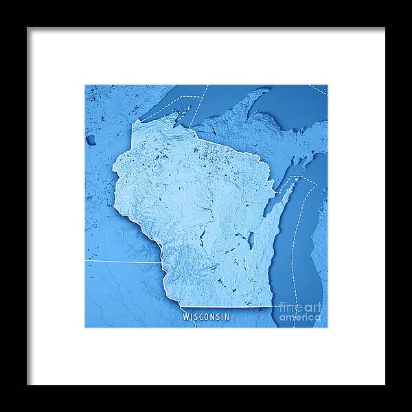 Wisconsin Framed Print featuring the digital art Wisconsin State USA 3D Render Topographic Map Blue Border by Frank Ramspott