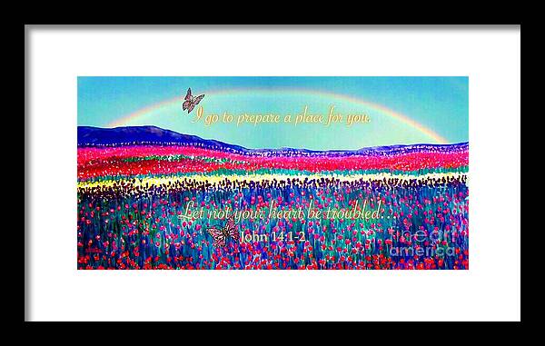 Christian Bereavement Or Sympathy Card Scripture John 14:1-2 Field Of Flowers Tulips Multi-colored With Smokey Blue Purple Mountains In Background Rainbow Overhead With Butterflies Flying Spiritual Or Religious Work Acrylic With Digital Effects Or Enhancement Framed Print featuring the painting Wishing You the Sunshine of Tomorrow Bereavement Card by Kimberlee Baxter