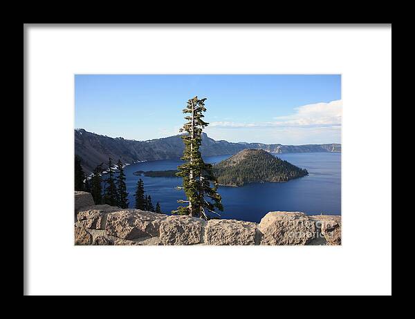 Wizard Island Framed Print featuring the photograph Wizard Island with Rock Fence at Crater Lake by Carol Groenen