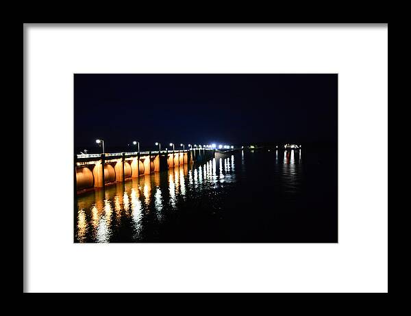 Nighttime Framed Print featuring the photograph Wolf Creek Dam Nightlights Reflection by Stacie Siemsen