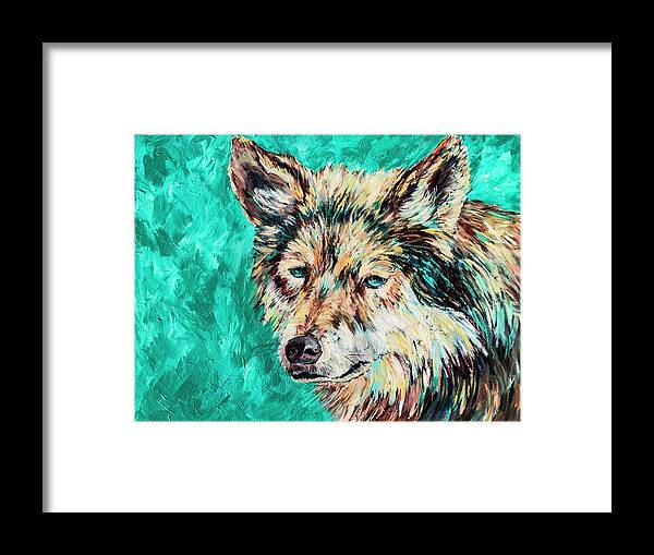 Wolf Framed Print featuring the painting Wolf in Turquoise by Sally Quillin