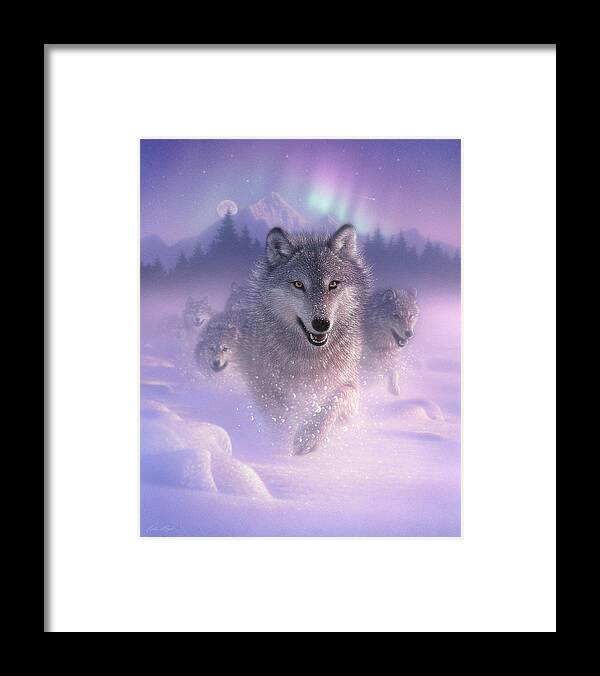 Wolf Art Framed Print featuring the painting Wolf Pack Running - Northern Lights by Collin Bogle