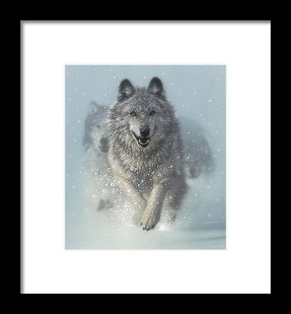 Wolf Art Framed Print featuring the painting Wolf Pack Running - Snow Plow by Collin Bogle
