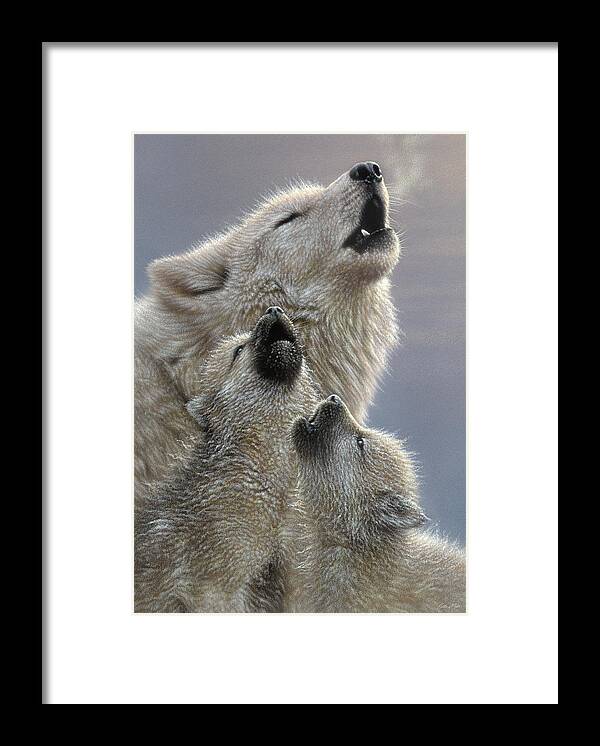 Wolf Framed Print featuring the painting Wolf Pups Howling - Singing Lesson by Collin Bogle