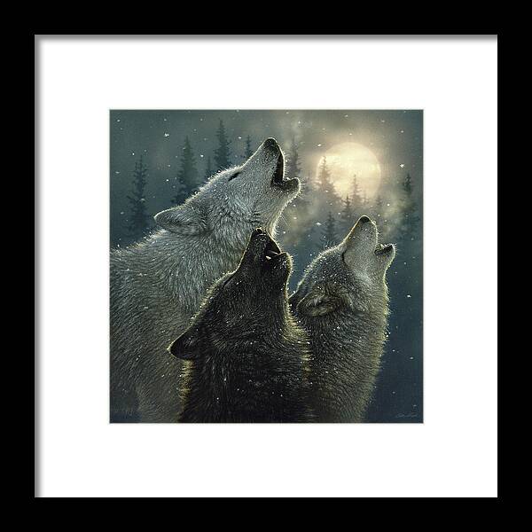 Wolves Framed Print featuring the painting Wolves Howling Moon - In Harmony by Collin Bogle