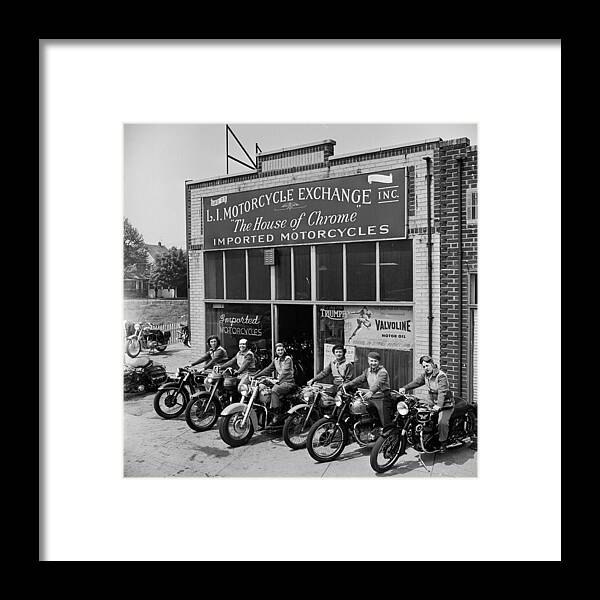 The Motor Maids Of America Outside The Shop They Used As Their Headquarters Framed Print featuring the photograph The Motor Maids of America outside the shop they used as their headquarters, 1950. by Lawrence Christopher
