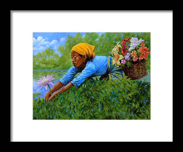 Asian Woman Framed Print featuring the painting Woman Gathering Flowers by John Lautermilch
