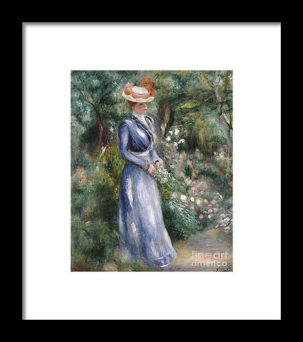 Impressionist; Impressionism; Portrait; Female; Full Length; Woman Framed Print featuring the painting Woman in a Blue Dress Standing in the Garden at Saint-Cloud by Pierre Auguste Renoir