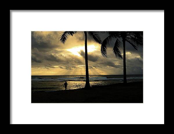 Landscape Photosbymch Silhouette Sunset Hawaii Crepescular Rays Palms Tropical Beach Woman Clouds Paradise Framed Print featuring the photograph Woman in the Sunset by M C Hood