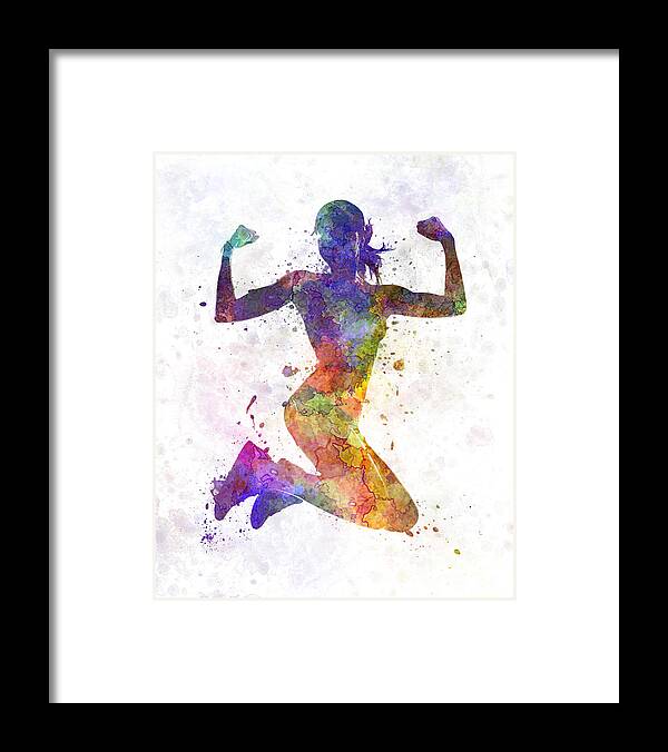 Athleticism Framed Print featuring the painting Woman runner jogger jumping powerful by Pablo Romero