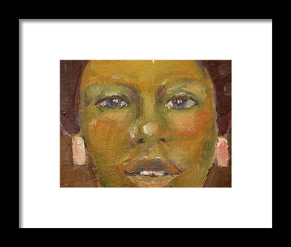 Walt Maes Framed Print featuring the painting Woman with brown skin and blue eyes by Walt Maes