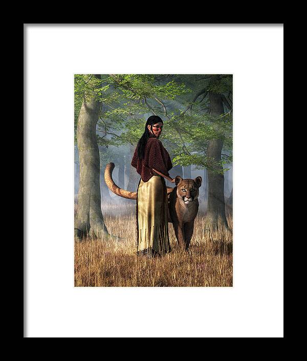 Woman With Mountain Lion Framed Print featuring the digital art Woman with Mountain Lion by Daniel Eskridge