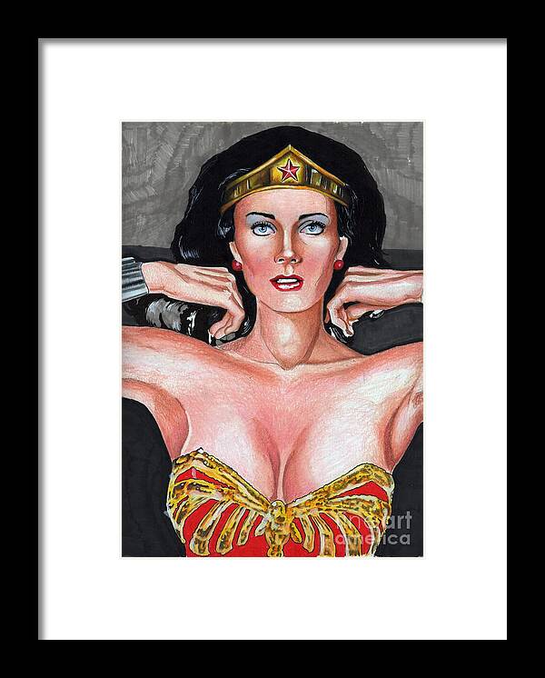 Lynda Framed Print featuring the drawing Wonder Woman Lynda Carter by Bill Richards