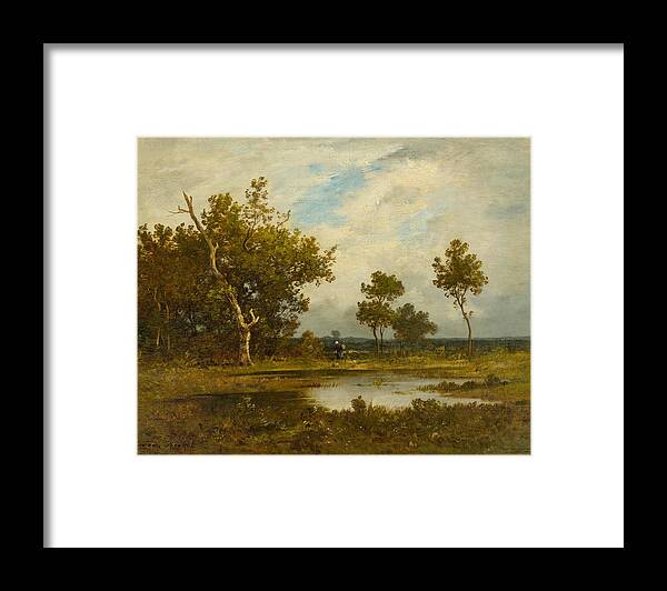 Leon Richet Framed Print featuring the painting Wood Gatherer at a Pond by Leon Richet