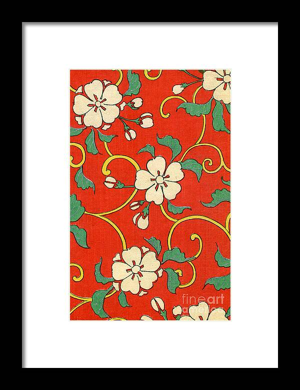 Red Framed Print featuring the painting Woodblock Print of Apple Blossoms by Japanese School