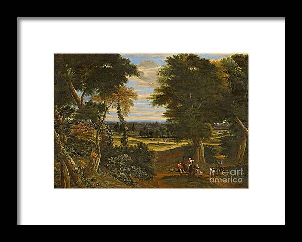 Jacques D' Arthois Framed Print featuring the painting Wooded Landscape With Shepherds And Horsemen by MotionAge Designs