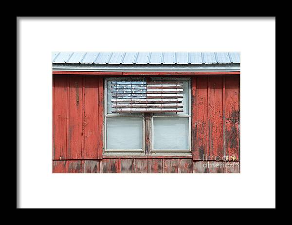 Flag Framed Print featuring the photograph Wooden American Flag on Red Barn by Catherine Sherman
