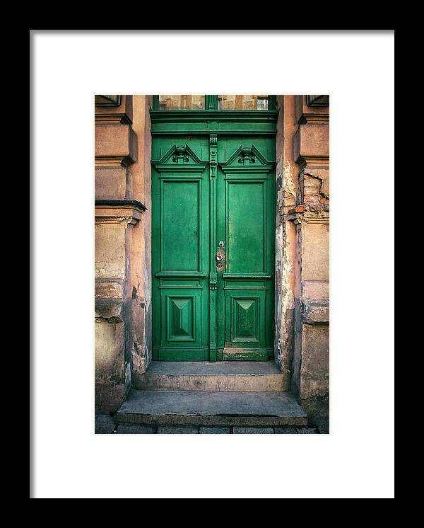 Gate Framed Print featuring the photograph Wooden ornamented gate in green color by Jaroslaw Blaminsky