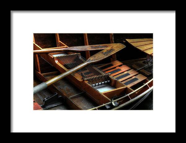 Wooden Rowboat Framed Print featuring the photograph Wooden Rowboat And Oars by Carol Montoya