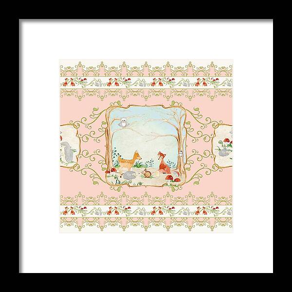 Wood Framed Print featuring the painting Woodland Fairy Tale - Blush Pink Forest Gathering of Woodland Animals by Audrey Jeanne Roberts