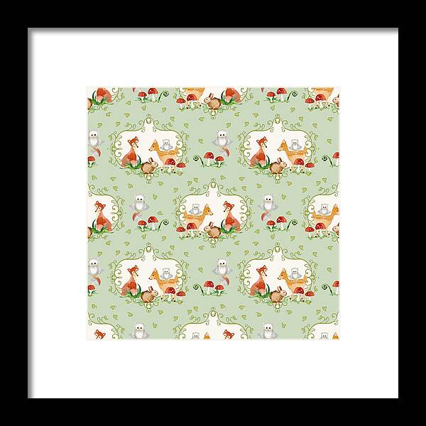 Trendy Framed Print featuring the painting Woodland Fairy Tale - Mint Green Sweet Animals Fox Deer Rabbit owl - Half Drop Repeat by Audrey Jeanne Roberts