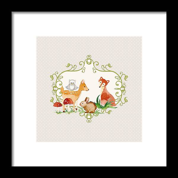 Grey Framed Print featuring the painting Woodland Fairytale - Grey Animals Deer Owl Fox Bunny n Mushrooms by Audrey Jeanne Roberts