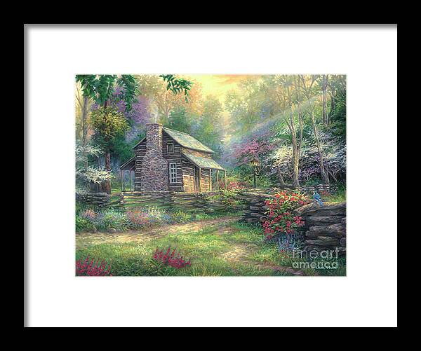 Cabin Art Framed Print featuring the painting Woodland Oasis by Chuck Pinson