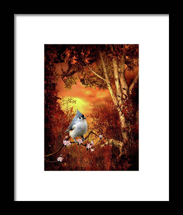 Titmouse Framed Print featuring the digital art Titmouse Woodland scene by John Junek