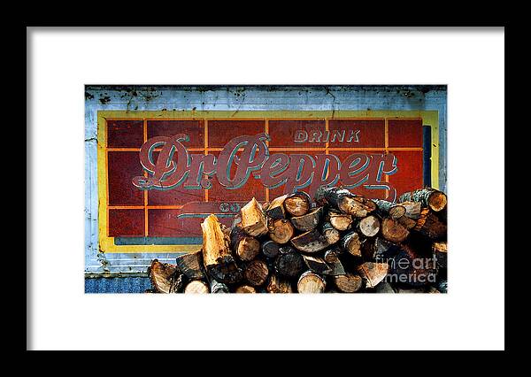Dr Pepper Framed Print featuring the photograph Woodpile With Taste - dr pepper rustic antique red country southwest by Jon Holiday