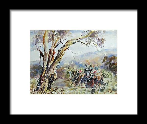 Clydesdale Framed Print featuring the painting Working Clydesdale pair, Australian landscape. by Ryn Shell