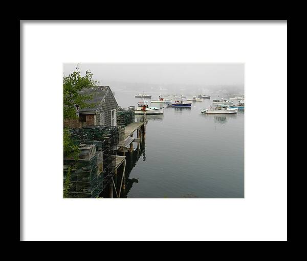 Evening View As Fog Sets In Of Harbor Full Of Working Lobster Boats. Framed Print featuring the photograph Working Lobster Harbor by Deborah Ferree