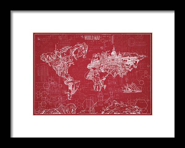 Map Of The World Framed Print featuring the digital art World Map Blueprint 3 by Bekim M