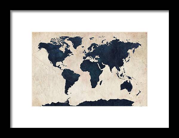 Map Of The World Framed Print featuring the digital art World Map Distressed Navy by Michael Tompsett