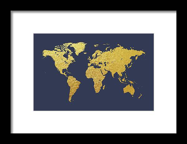 World Map Framed Print featuring the digital art World Map Gold Foil by Michael Tompsett