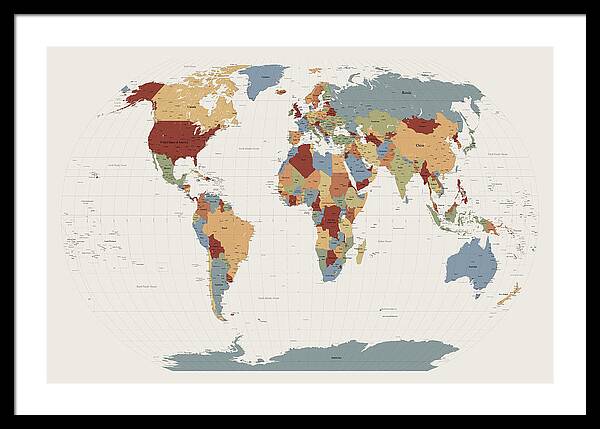 Map Of The World Framed Print featuring the digital art World Map Muted Colors by Michael Tompsett