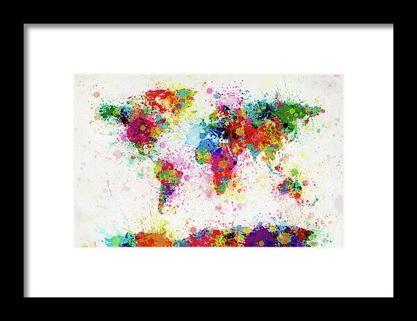 World Map Paint Splashes Framed Print featuring the digital art World Map Paint Drop by Michael Tompsett
