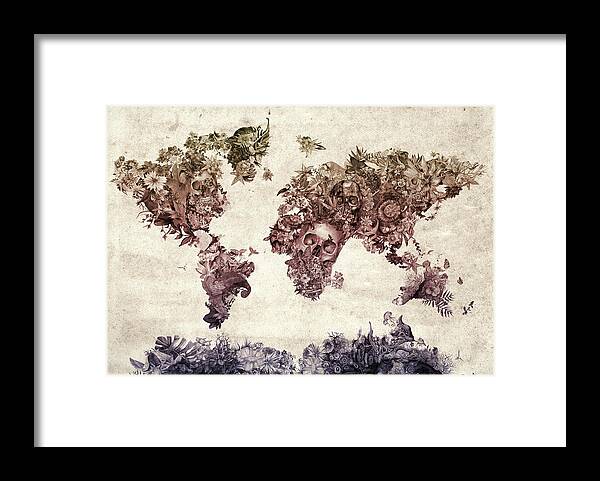 Map Of The World Framed Print featuring the digital art World Map Tropical Skull Leaves 3 by Bekim M