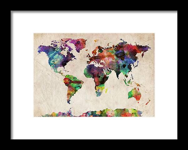 Map Framed Print featuring the digital art World Map Watercolor by Michael Tompsett
