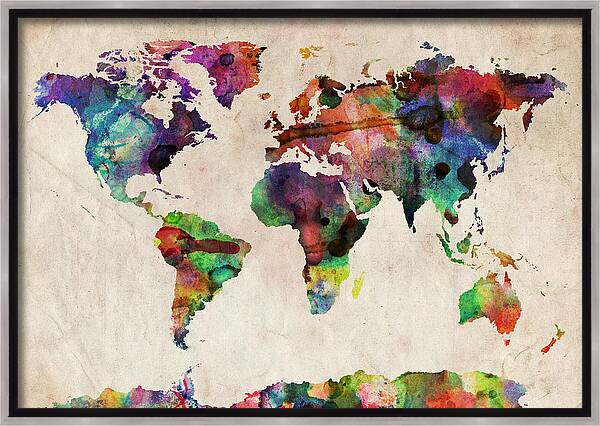 Map Framed Canvas Print featuring the digital art World Map Watercolor by Michael Tompsett