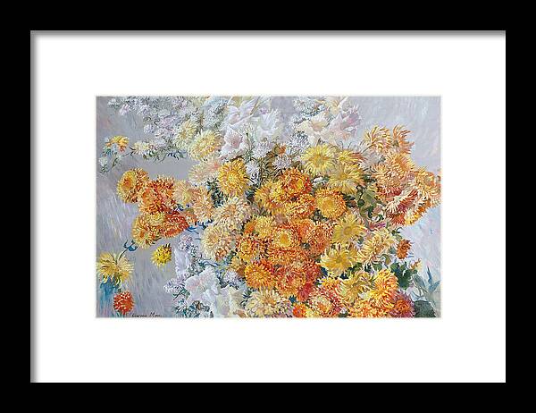 Maya Gusarina Framed Print featuring the painting Yellow Chrysanthemum by Maya Gusarina