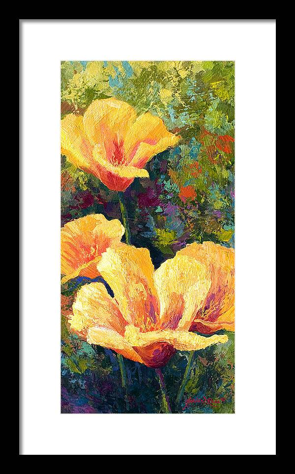 Poppies Framed Print featuring the painting Yellow Field poppies by Marion Rose