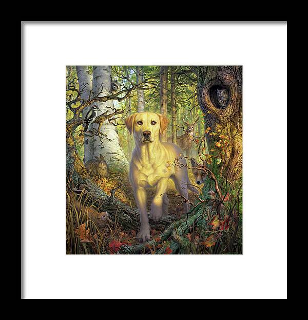 Labrador Framed Print featuring the digital art Yellow Lab in Fall by Mark Fredrickson