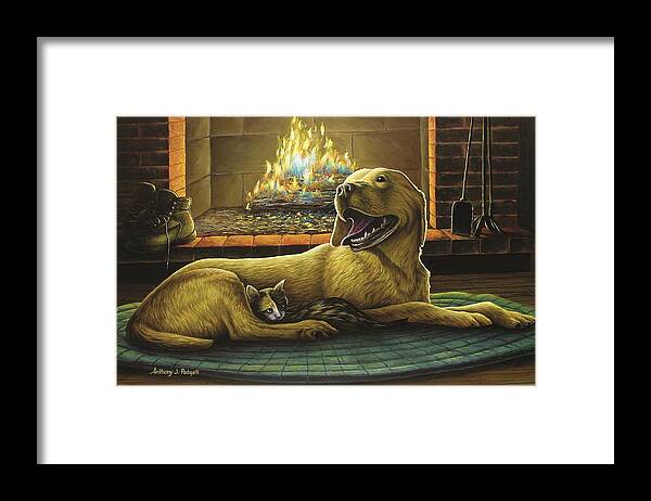 Yellow Lab Framed Print featuring the painting Yellow Lab with Kitten by Anthony J Padgett